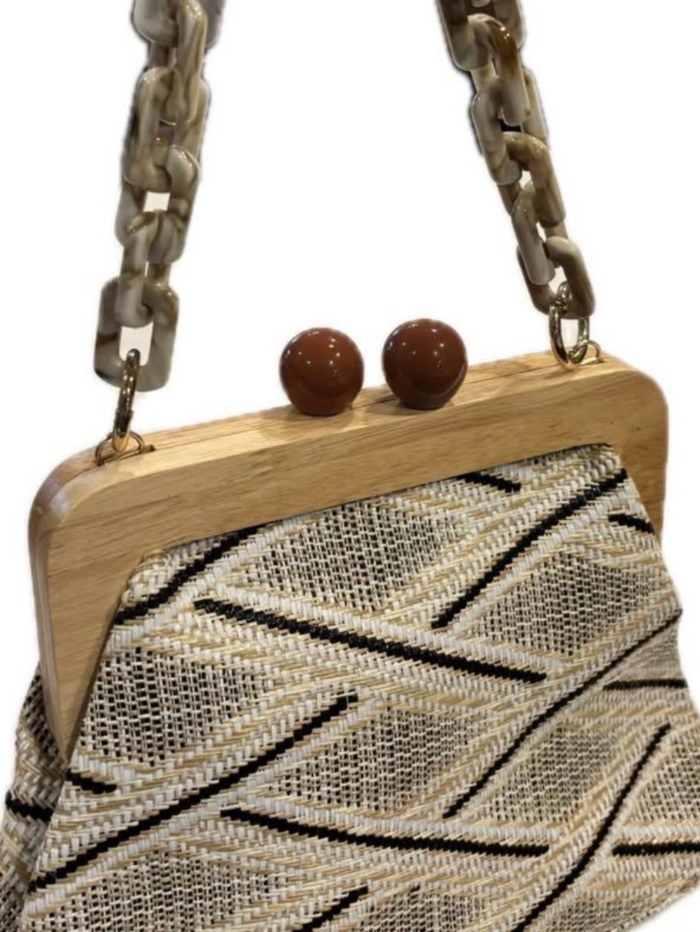 Woven clutch with marble-like detachable chain